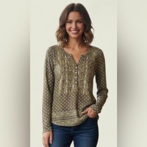 Lucky Brand NWT Boho Long Sleeve Blouse Top Olive Green Autumn MSRP $50 SOFT S